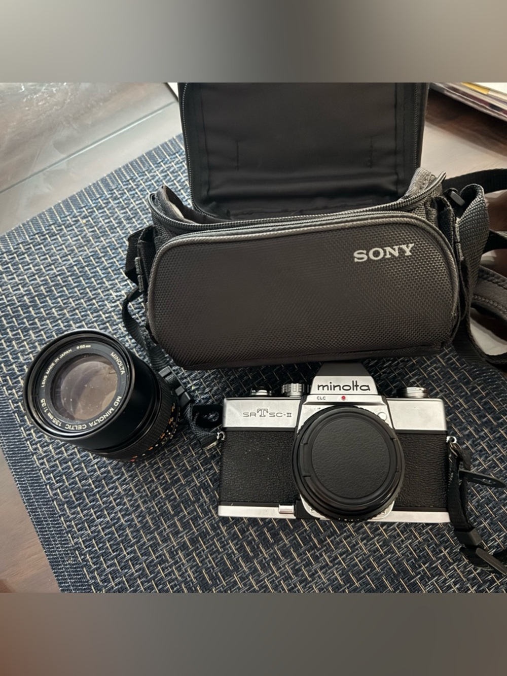 Minolta SRT SC-II 35mm SLR Film Camera & MD Celtic Lens 135mm and Bag